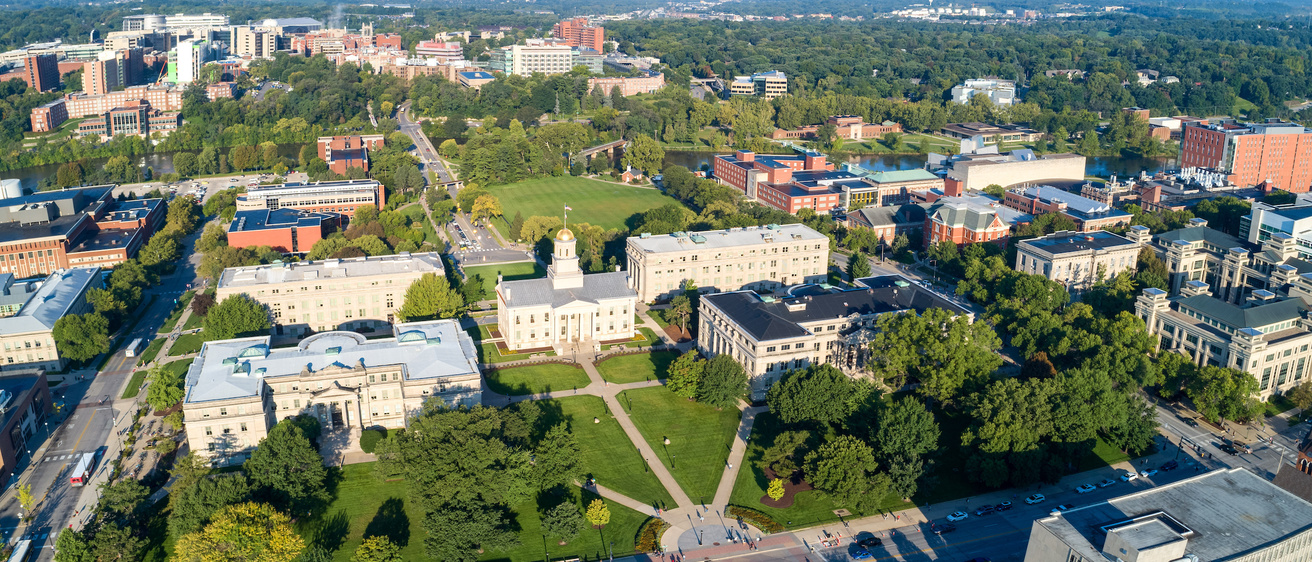 An aerial photo of the Pentacrest from the east on a summer day